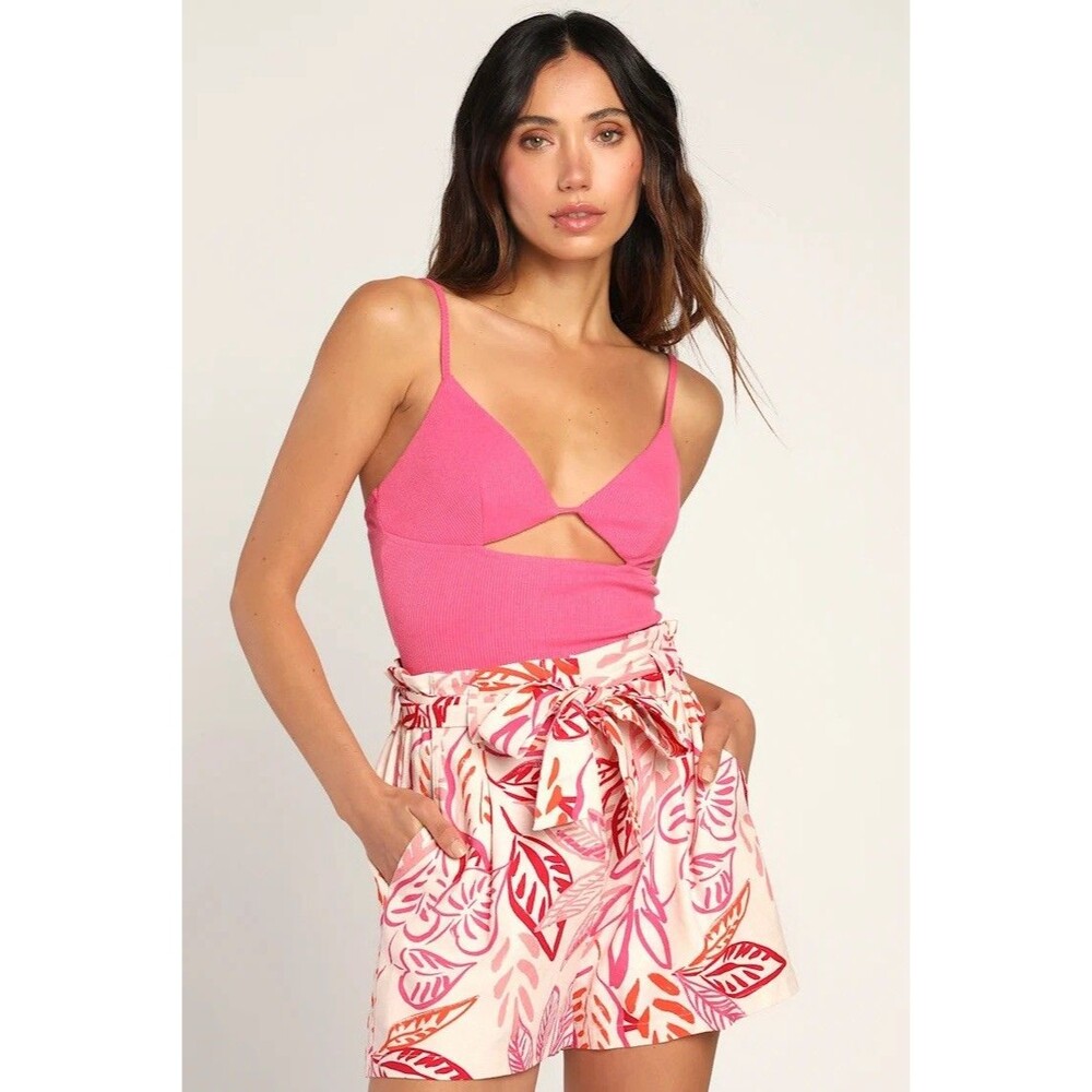 Lulus Size Small Breezy Vibes Beige Tropical Print Belted Paperbag Waist Shorts